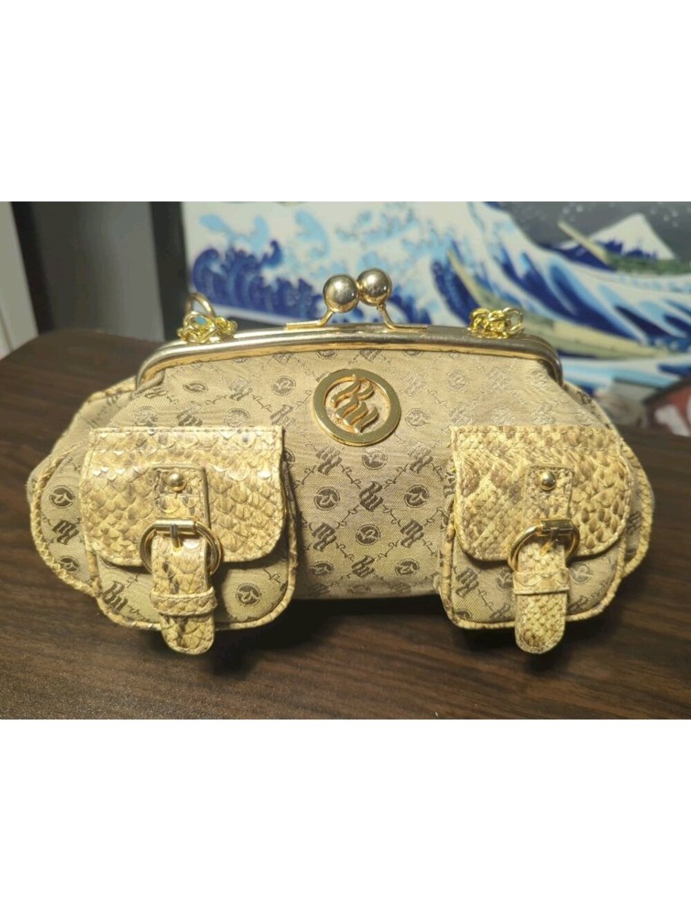 ROCAWEAR Purse Handbag Womens Black Snakeskin Print Silver Hardware Clean